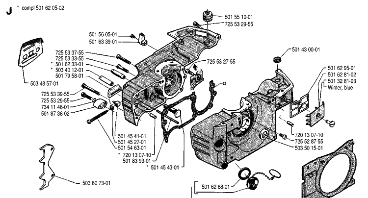 Crankcase Diagram and Parts List for 242 19900100001-19941400000 Husqvarna Chainsaw