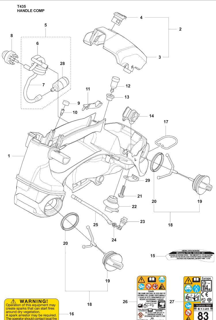 Handle Compl, Fuel Tank Diagram and Parts List for T435 2009-02 Husqvarna Chainsaw