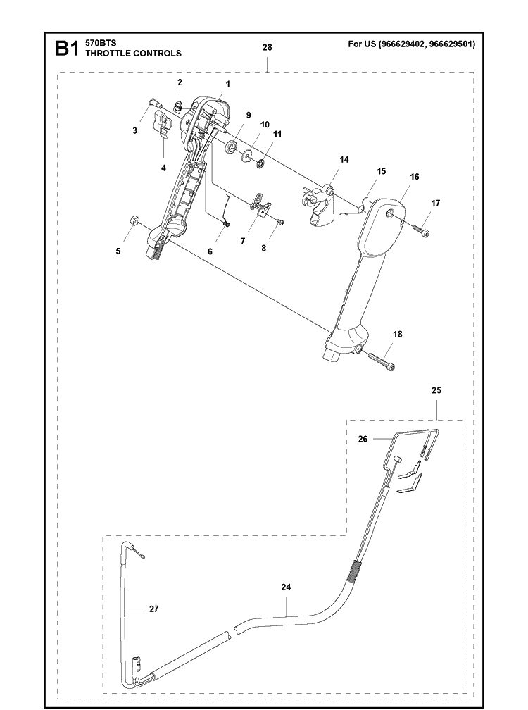Throttle Controls 2 Diagram and Parts List for 570BTS 220628-20190100001 and up Husqvarna Leaf Blower / Vacuum