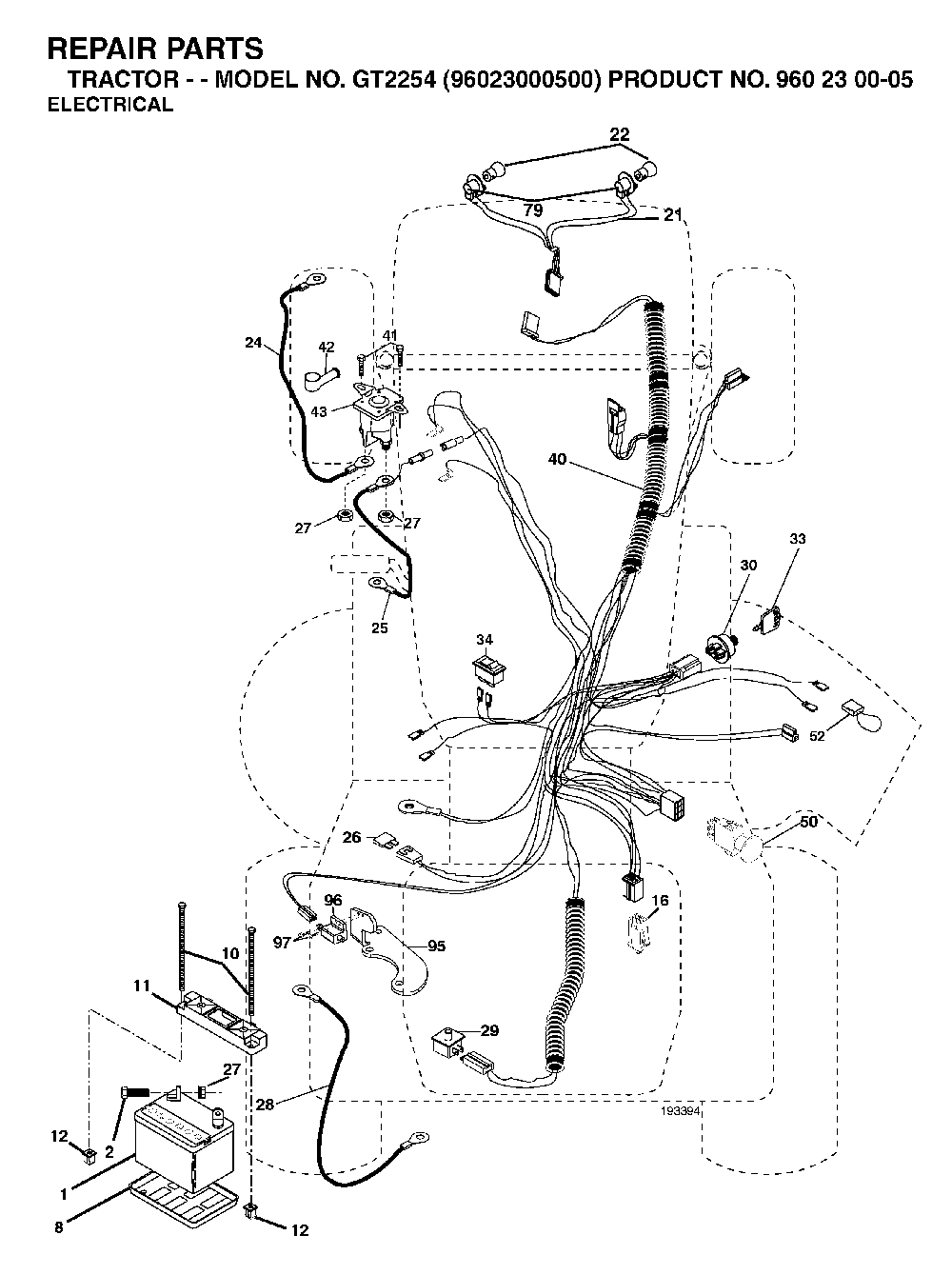Electrical Diagram and Parts List for GT2254 (96023000500)(2005-05) Husqvarna Lawn Tractor