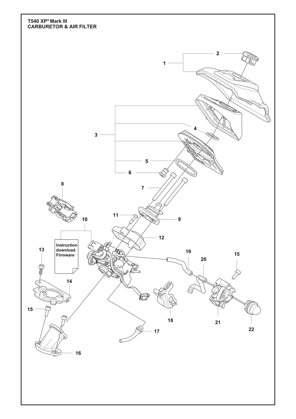 Carburetor And Air Filter Diagram and Parts List for T540XPMARKIII  Husqvarna Chainsaw