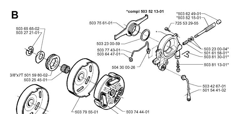 Clutch And Oil Pump Diagram and Parts List for 365 19963500001-19974900000 Husqvarna Chainsaw