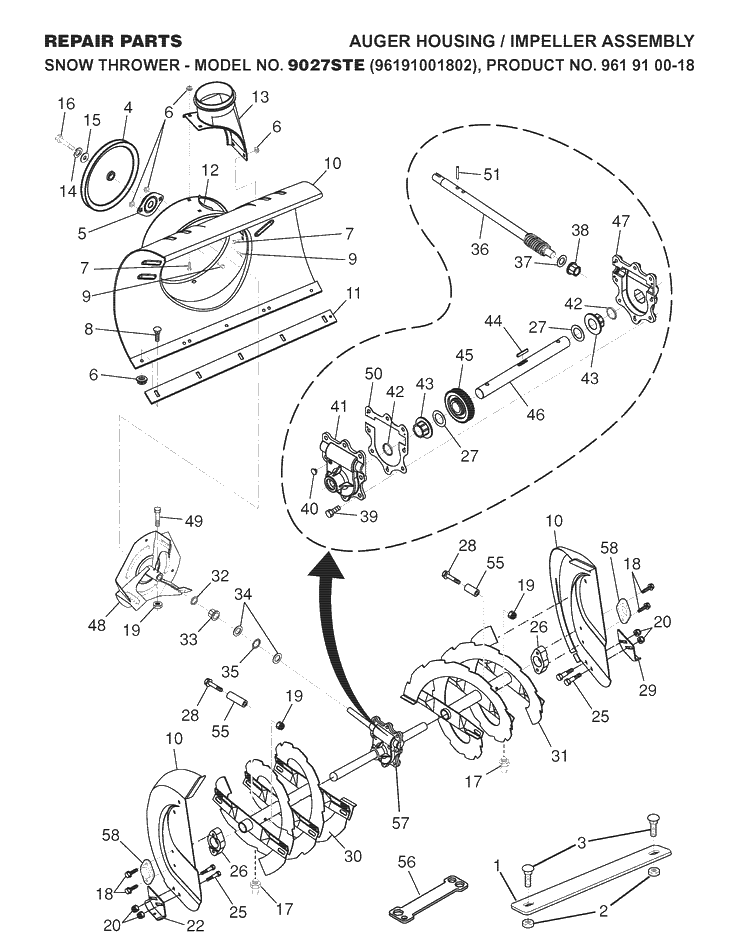 Auger Housing And Impeller Diagram and Parts List for 9027STE (96191001802)(2007-10) Husqvarna Snow Blower