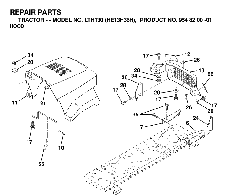 Hood Diagram and Parts List for LTH130 (HE13H36H)(2000-02) Husqvarna Lawn Tractor