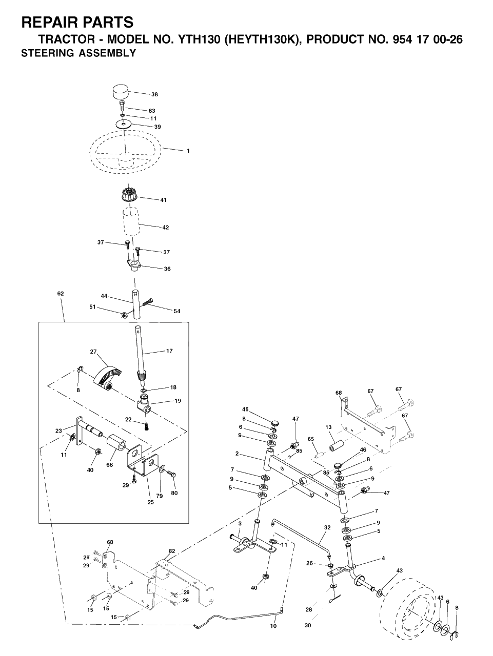 Steering Diagram and Parts List for YTH130 (954170026-K)(2001-01) Husqvarna Lawn Tractor