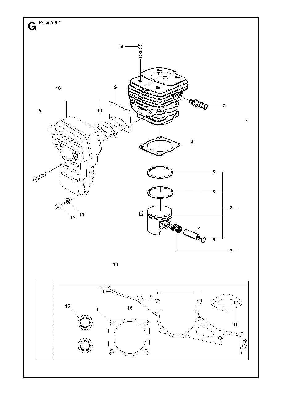 Cylinder, Piston And Muffler Diagram and Parts List for K950RING 2007-01 Husqvarna Circular Saw