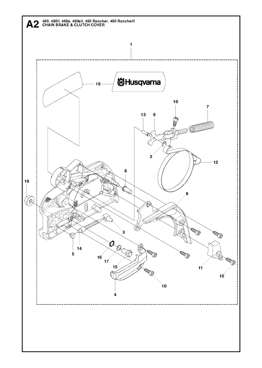 Chain Brake And Clutch Cover 2 Diagram and Parts List for 450RANCHER  Husqvarna Chainsaw