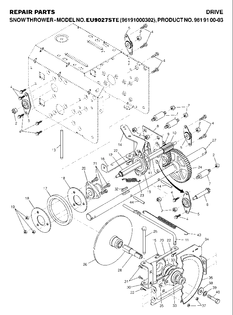 Drive Diagram and Parts List for 9027STE (961910003-02)(2007-01) Husqvarna Snow Blower