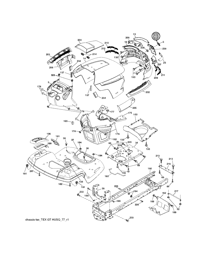 Chassis / Frame Diagram and Parts List for YTH24V54-289640 2010-05 Husqvarna Lawn Tractor