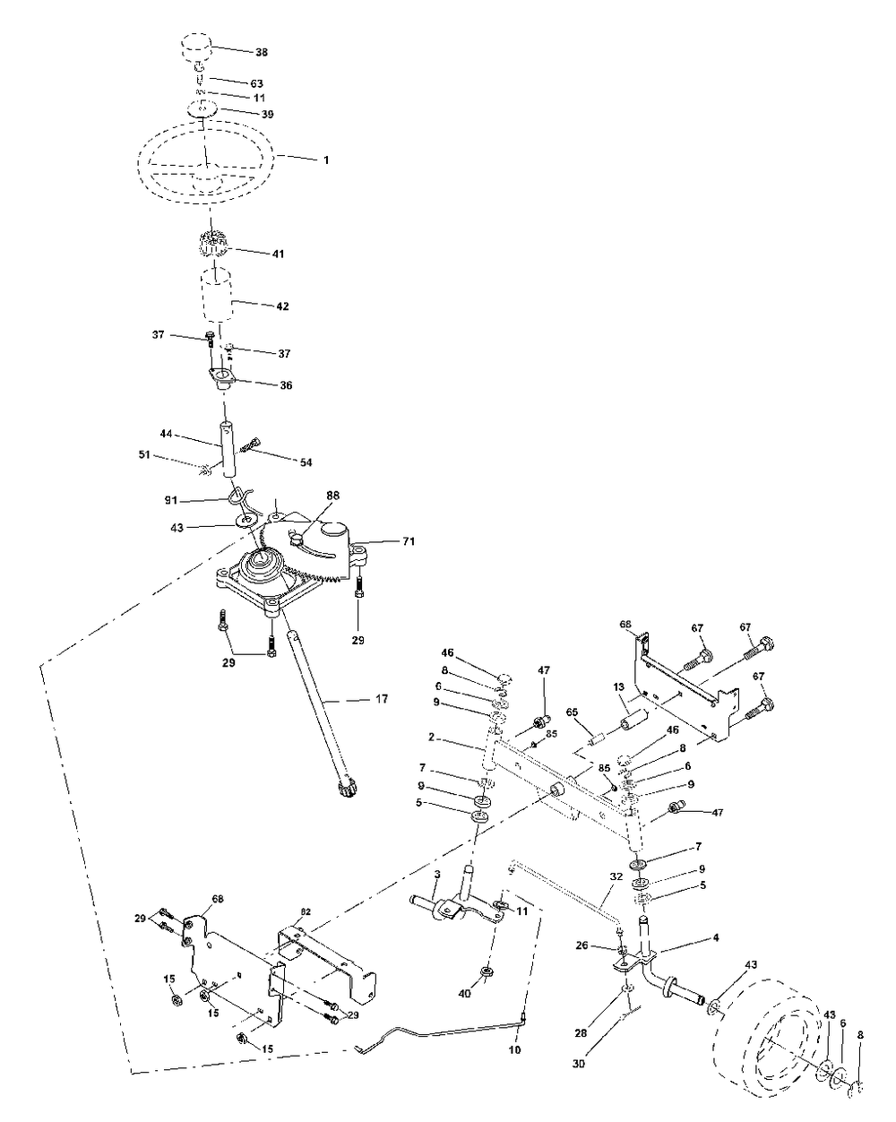 Steering Assembly Diagram and Parts List for LTH1342 (954567031-B)(2001-01) Husqvarna Lawn Tractor