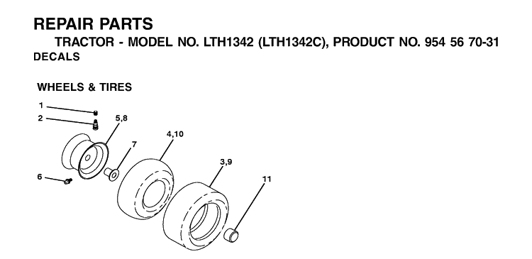 Wheels And Tires Diagram and Parts List for LTH1342-LTH1342C 2001-11 Husqvarna Lawn Tractor