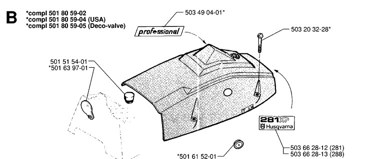 Cover Diagram and Parts List for 288 19974900001-20000600000 Husqvarna Chainsaw