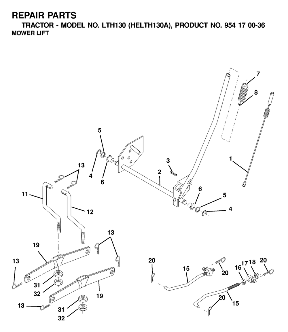 Mower Lift / Deck Lift Diagram and Parts List for LTH130 (954170036-A)(2001-01) Husqvarna Lawn Tractor