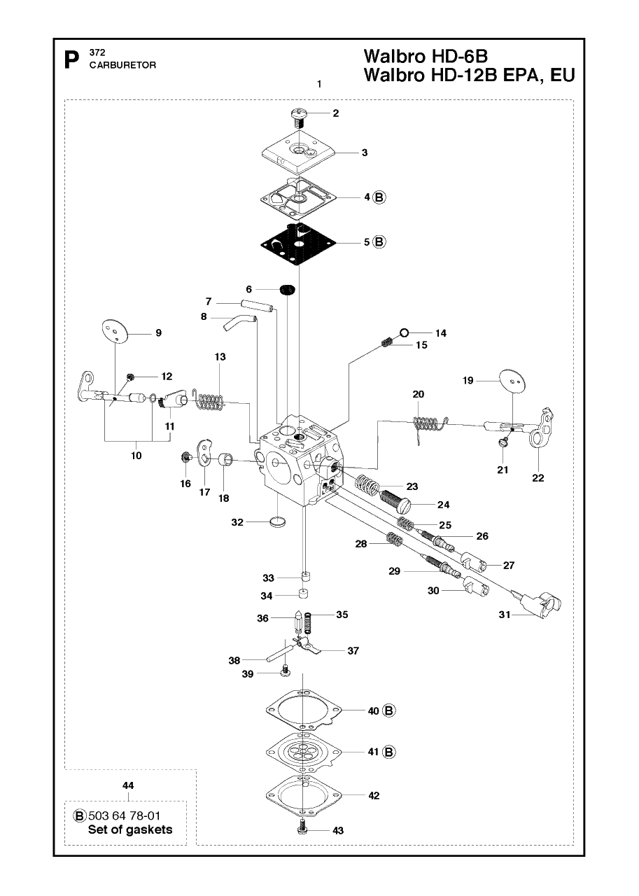 Carburetor Diagram and Parts List for 372XP-XPG 20111800001 & Above Husqvarna Chainsaw