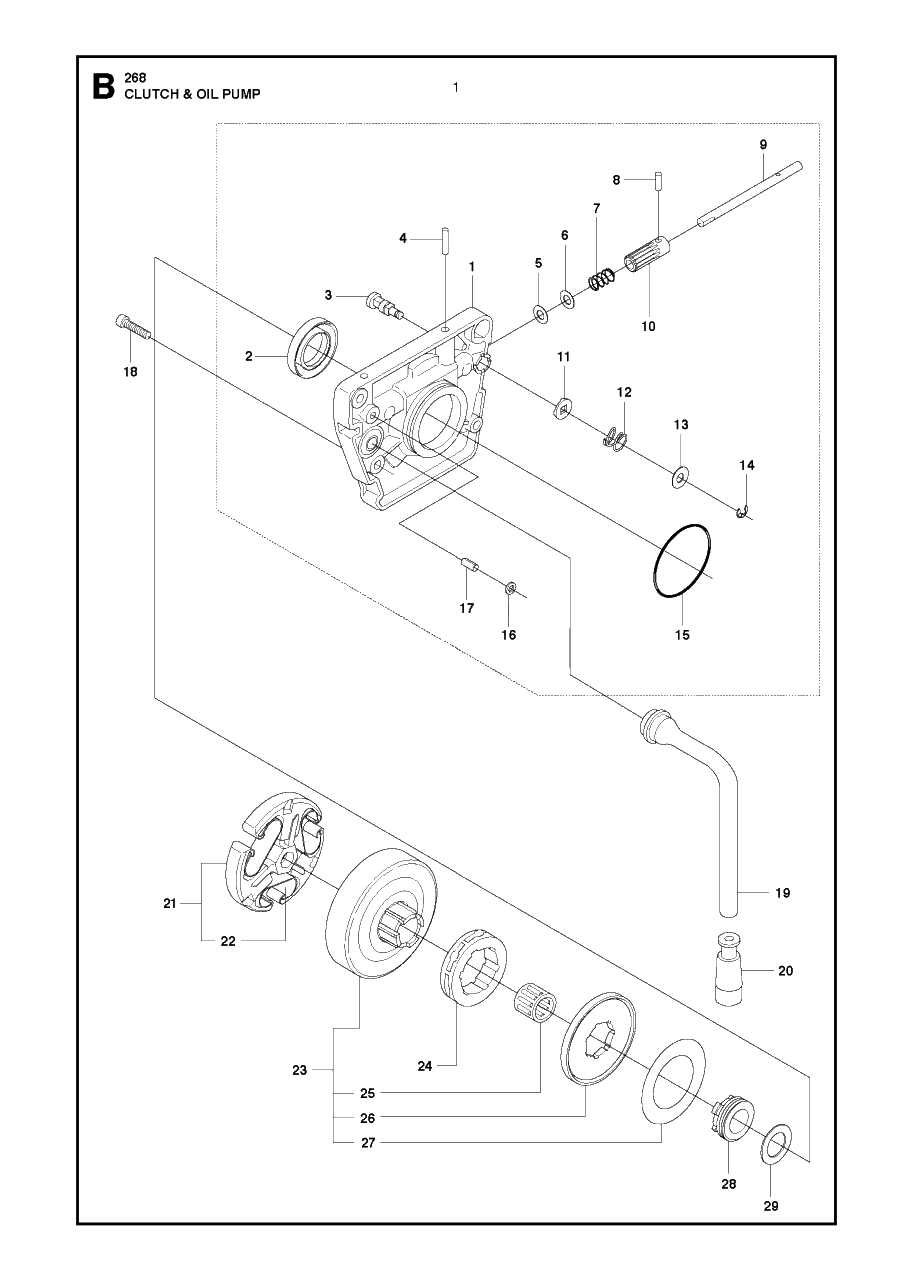 Clutch And Oil Pump Diagram and Parts List for 268 20182200001 & Above Husqvarna Chainsaw