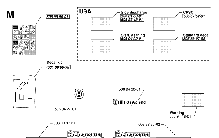 Decals Diagram and Parts List for PR14 2000-02 Husqvarna Lawn Mower