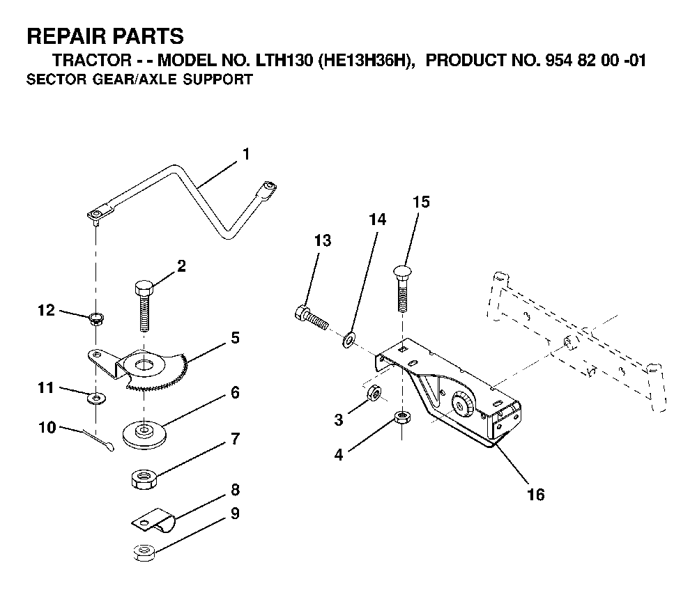 Sector Gear / Axle Support Diagram and Parts List for LTH130 (HE13H36H, 954820001)(2000-02) Husqvarna Lawn Tractor