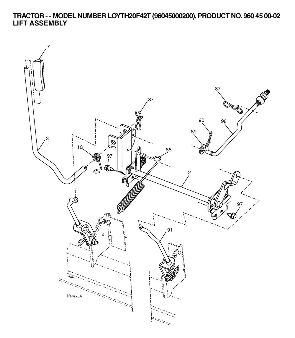 Mower Lift / Deck Lift Diagram and Parts List for YTH20F42T (960450002-00)(2006) Husqvarna Lawn Tractor