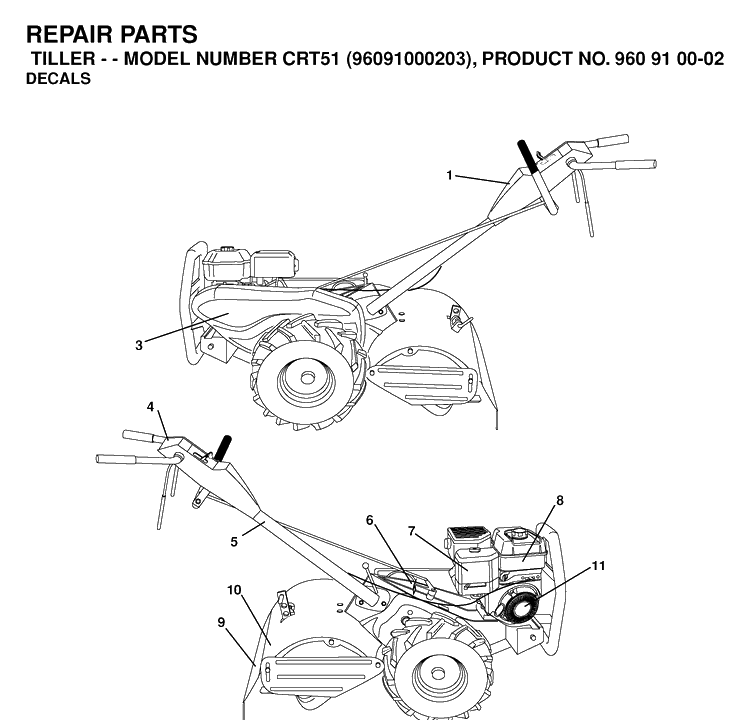 Decals Diagram and Parts List for CRT51 (96091000203)(2007-02) Husqvarna Cultivator