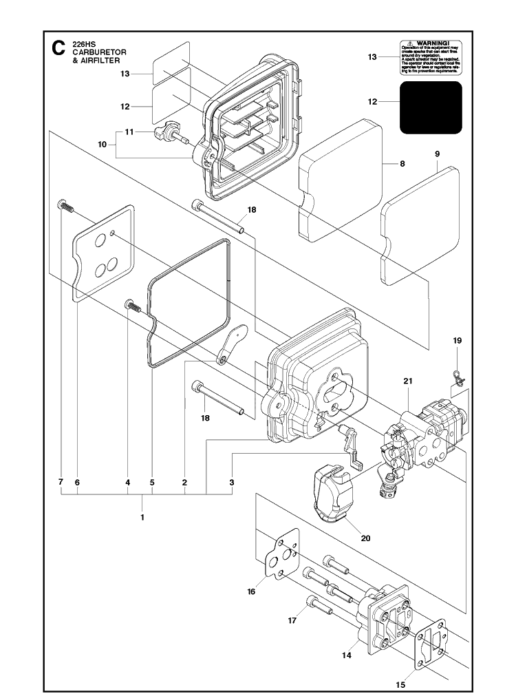Carburetor And Air Filter Diagram and Parts List for 226HS99S 20130500001-20180499999 Husqvarna Hedge Trimmer