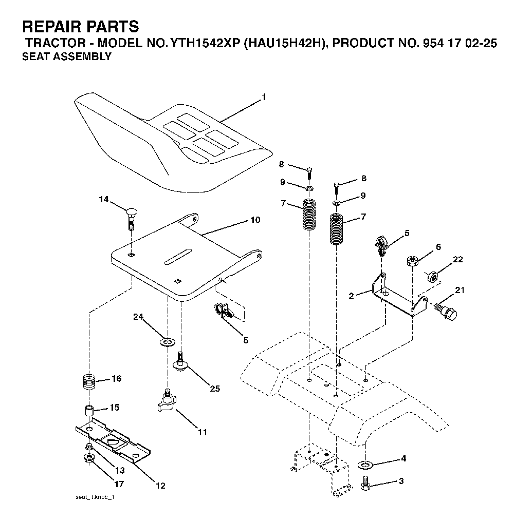 Seat Diagram and Parts List for YTH1542XP (HAU15H42H, 954170225)(2004-09) Husqvarna Lawn Tractor