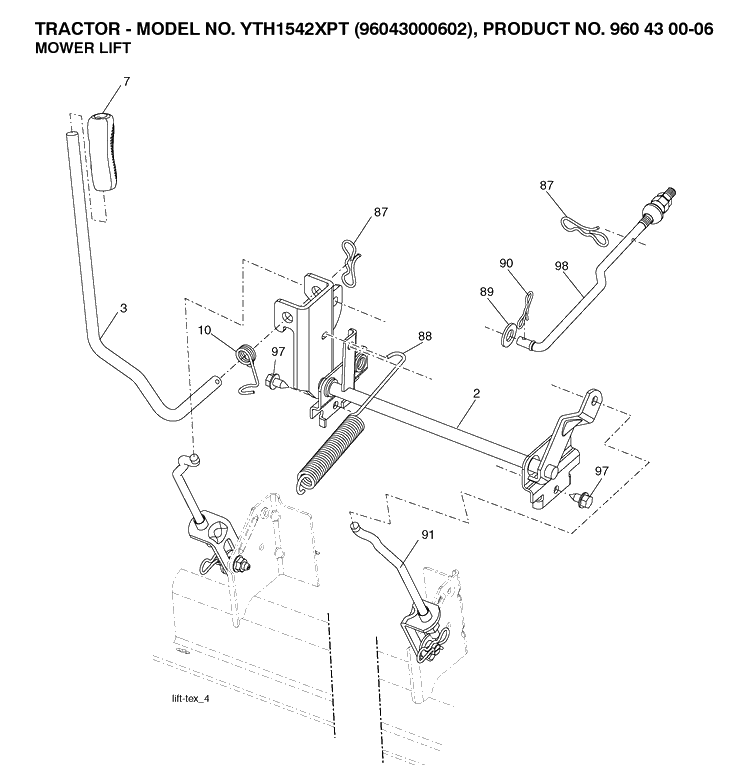 Mower Lift / Deck Lift Diagram and Parts List for YTH1542XP (96043000602)(2006-10) Husqvarna Lawn Tractor