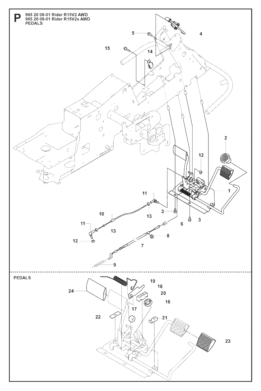 Pedals Diagram and Parts List for R15-V2AWD (965200901)(2008-01) Husqvarna Lawn Tractor