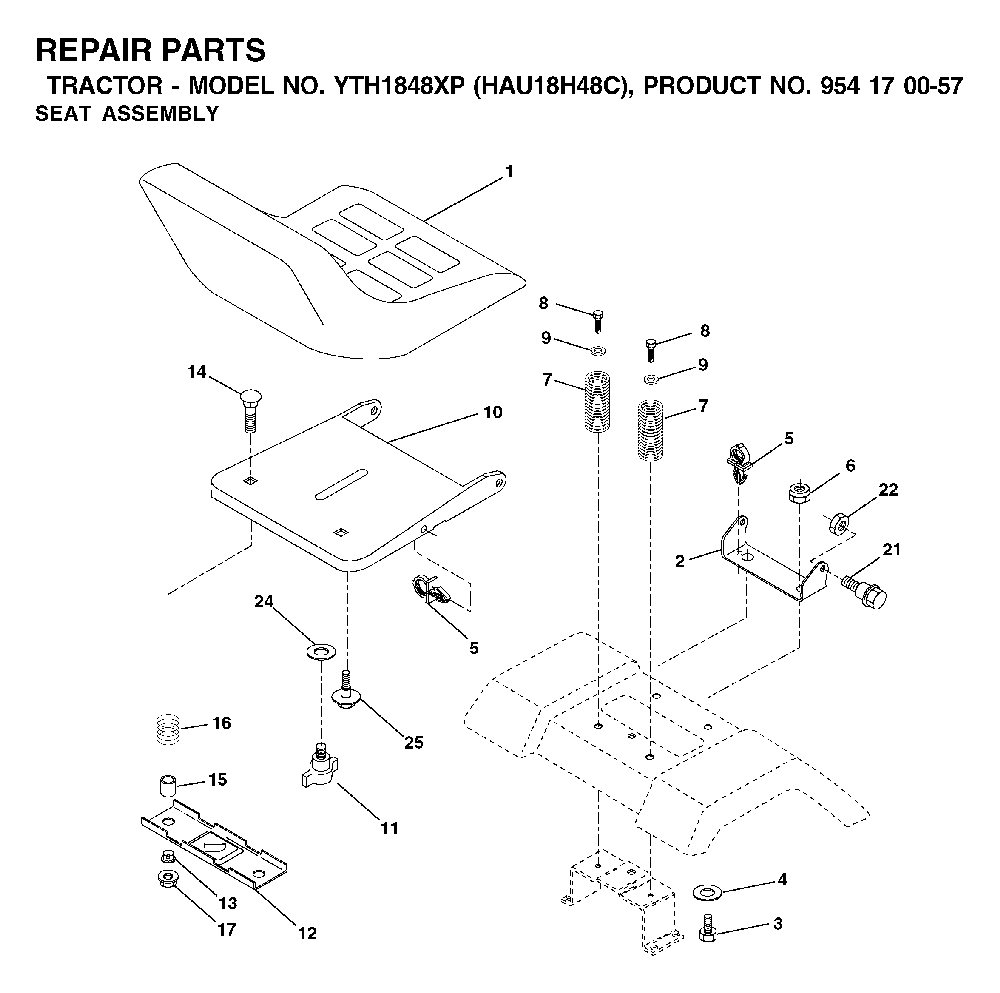 Seat Diagram and Parts List for YTH1848XP (HAU18H48C, 954170057)(2003-01) Husqvarna Lawn Tractor