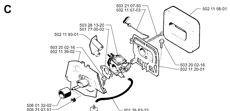 Carburetor And Air Filter Diagram and Parts List for 245R 19984000001-20023100000 Husqvarna Brush Cutter