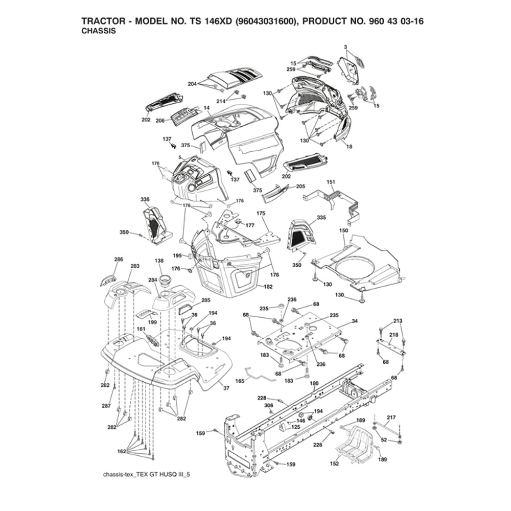 Chassis Diagram and Parts List for 96043031600  Husqvarna Lawn Tractor
