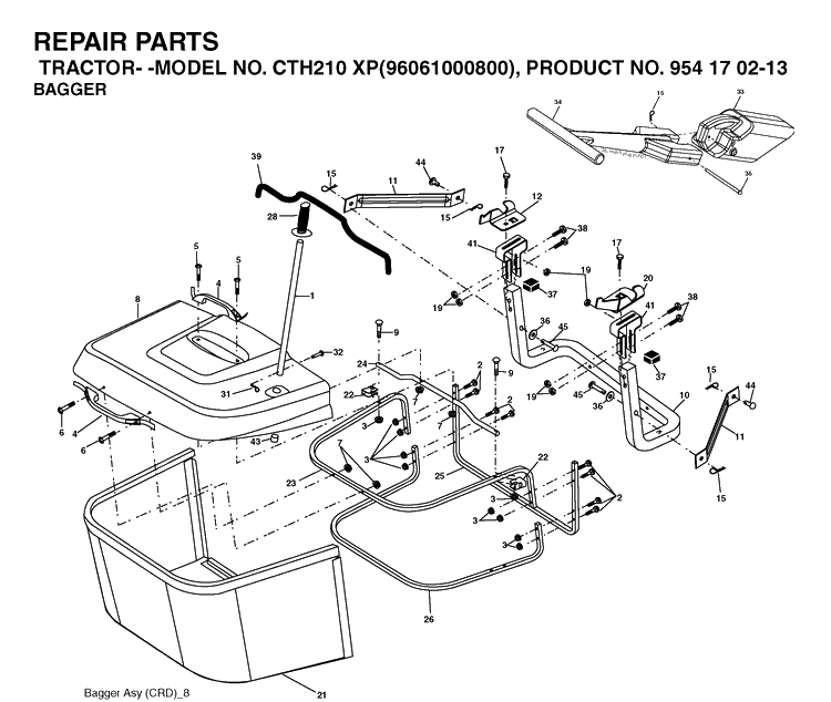 Bagger Diagram and Parts List for CTH210XP (96061000800)(2005-01) Husqvarna Lawn Tractor