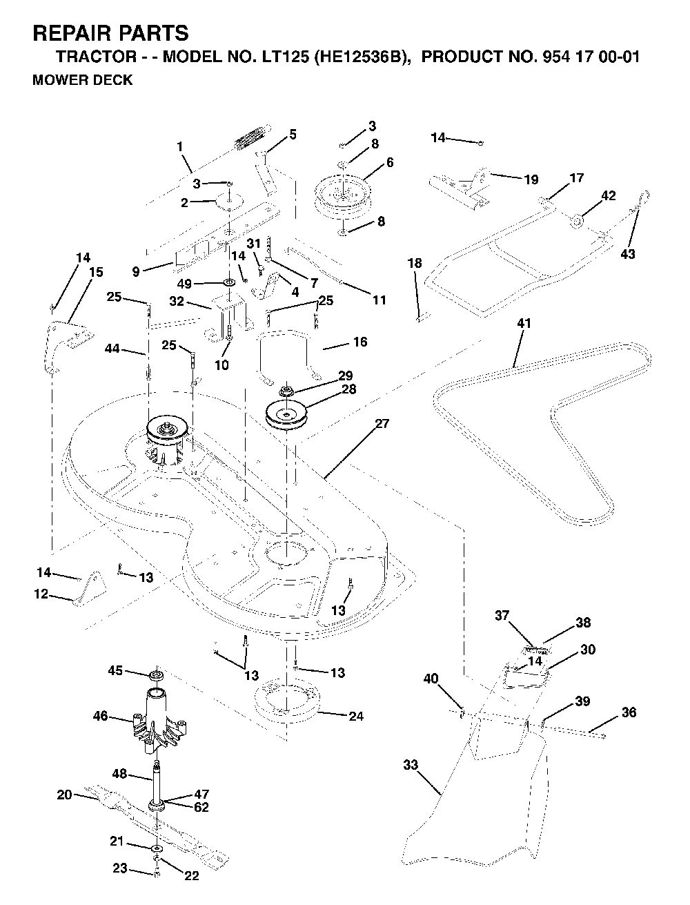 Mower Deck / Cutting Deck Diagram and Parts List for LT125 (HE12536B, 954170001)(1996-10) Husqvarna Lawn Tractor
