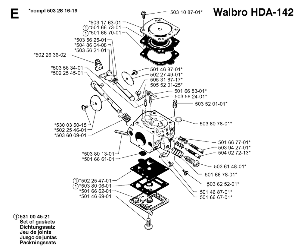 Carburetor Details Diagram and Parts List for 250RX 19973100001 & Above Husqvarna Trimmer