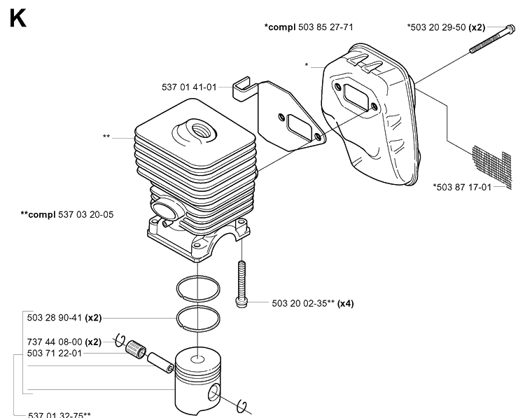 Cylinder, Piston And Muffler Diagram and Parts List for 325HDA55 (X-SERIES)(20010100001-20011800000) Husqvarna Hedge Trimmer