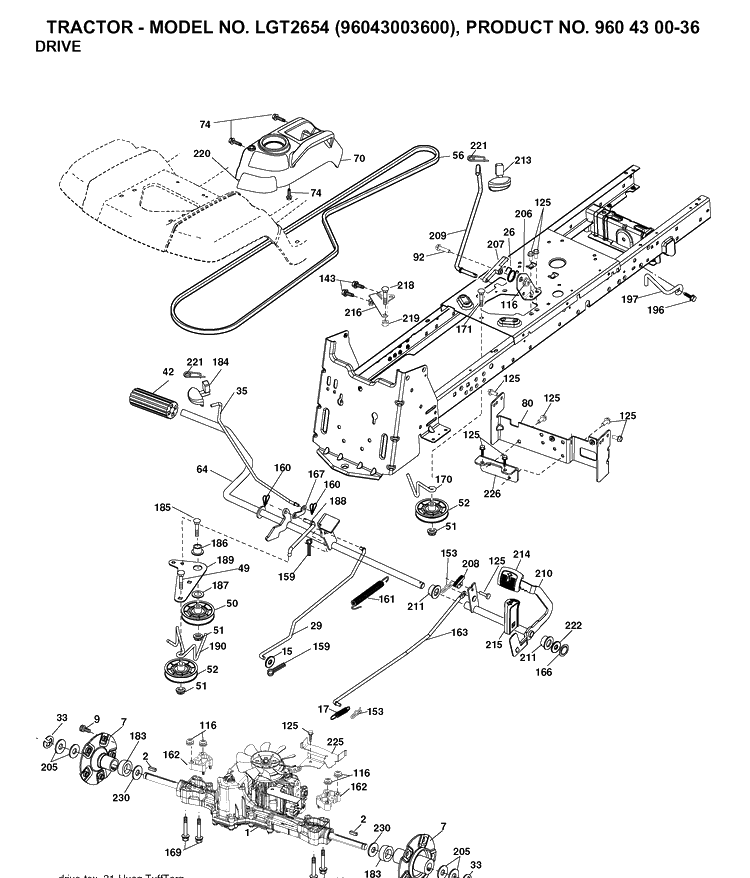 Drive Diagram and Parts List for LGT2654 (96043003600)(2006-12) Husqvarna Lawn Tractor