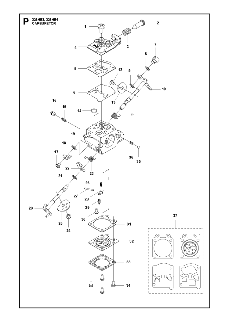 Carburetor Diagram and Parts List for 325HE3 966787601 from 20150100001-current Husqvarna Hedge Trimmer