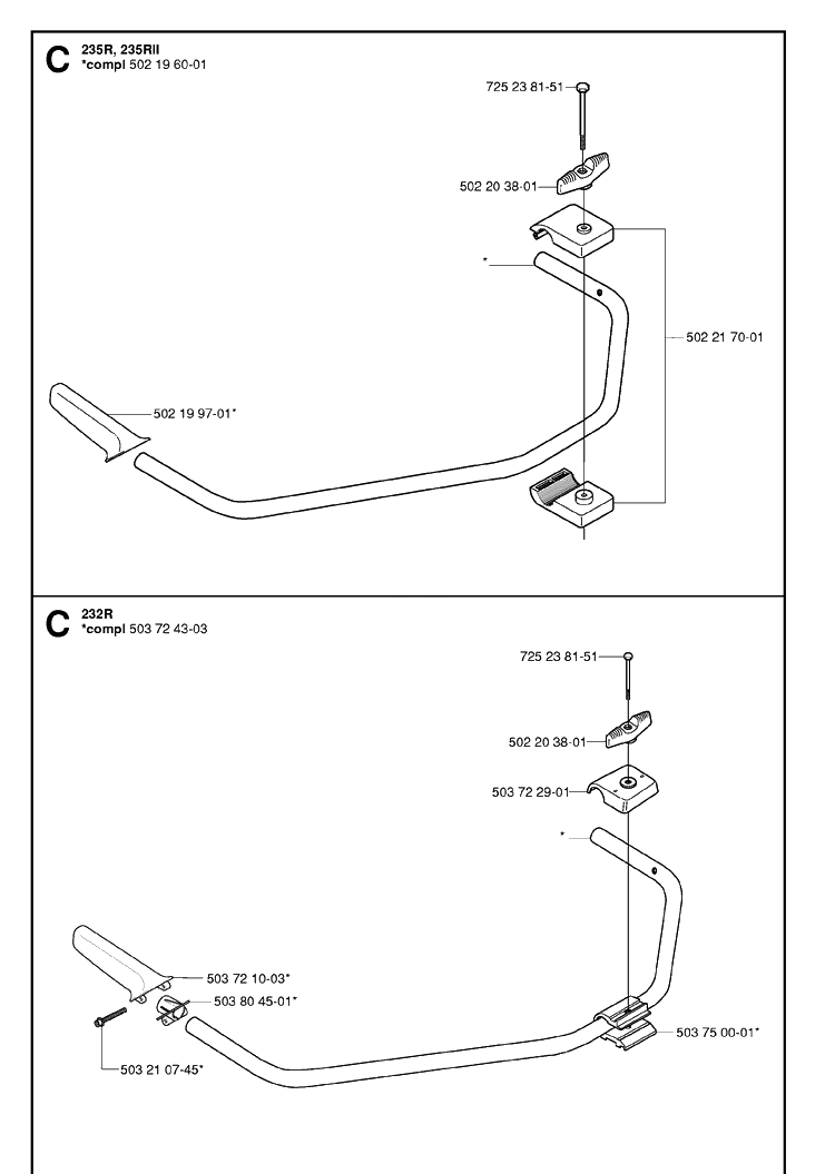 Handle Diagram and Parts List for 235R 20060100001-20061400000 Husqvarna Brush Cutter