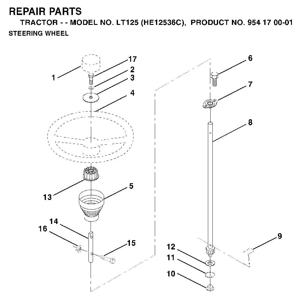 Steering Column Diagram and Parts List for LT125 (HE12536C, 954170001)(1996-01) Husqvarna Lawn Tractor