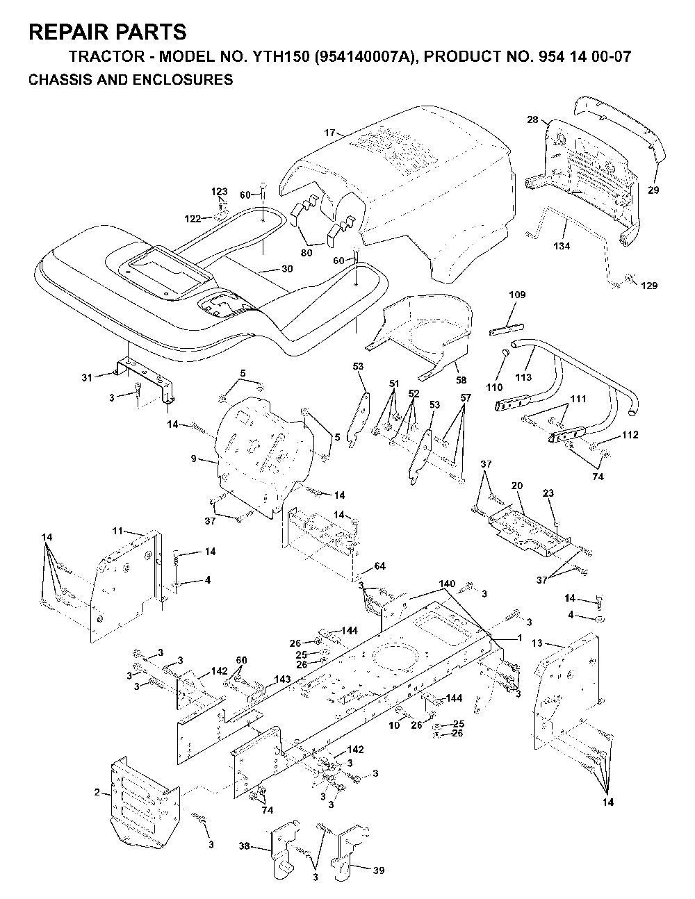 Chassis And Enclosures Diagram and Parts List for YTH150 (954140007A, 954140007)(1997-01) Husqvarna Lawn Tractor