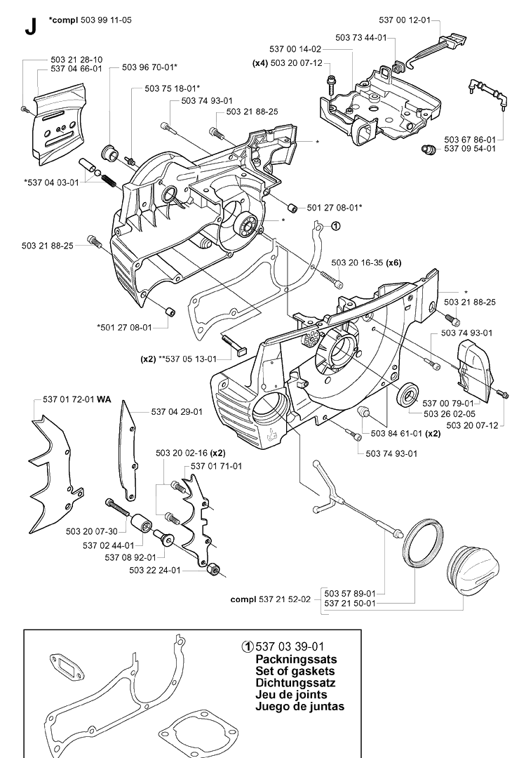 Crankcase Diagram and Parts List for 385XP 20051000001-20064000000 Husqvarna Chainsaw