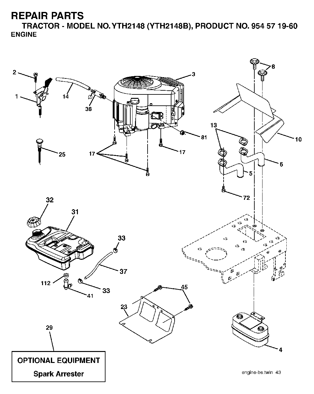 Engine Diagram and Parts List for YTH2148B (954571960)(2004-03) Husqvarna Lawn Tractor