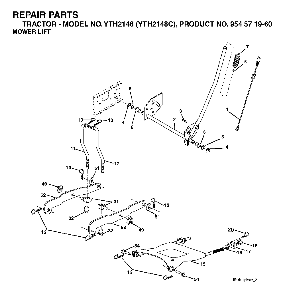 Mower Lift / Deck Lift Diagram and Parts List for YTH2148C (954571960)(2004-03) Husqvarna Lawn Tractor