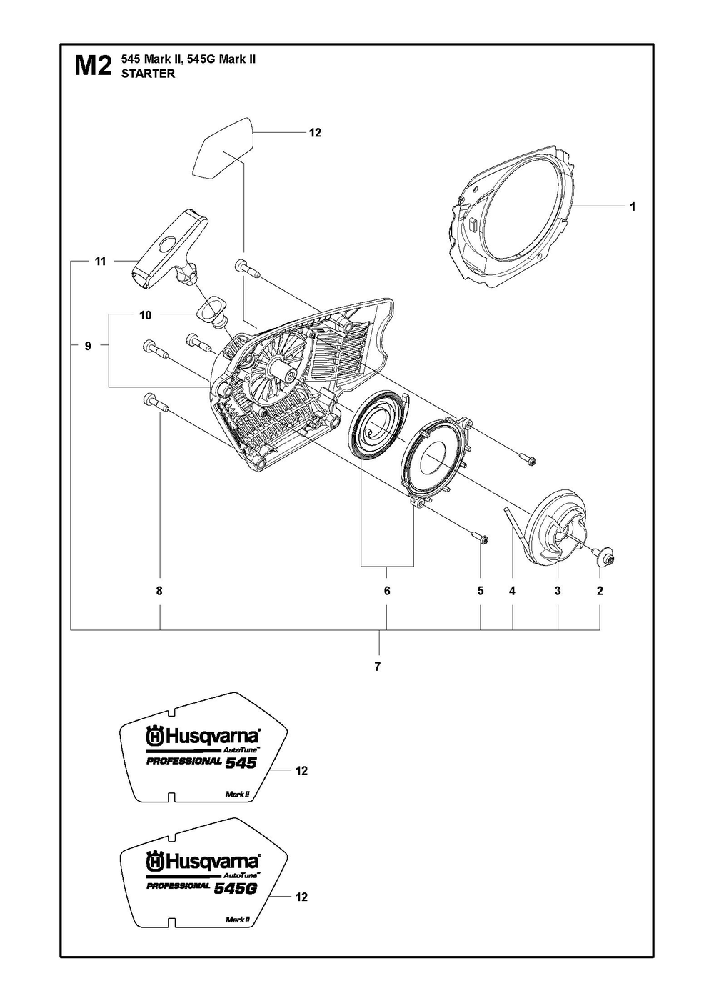 Starter Diagram and Parts List for 545GMARKII  Husqvarna Chainsaw
