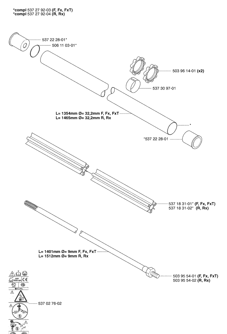 Shaft / Tube Diagram and Parts List for 345RX 2003-05 Husqvarna Brush Cutter