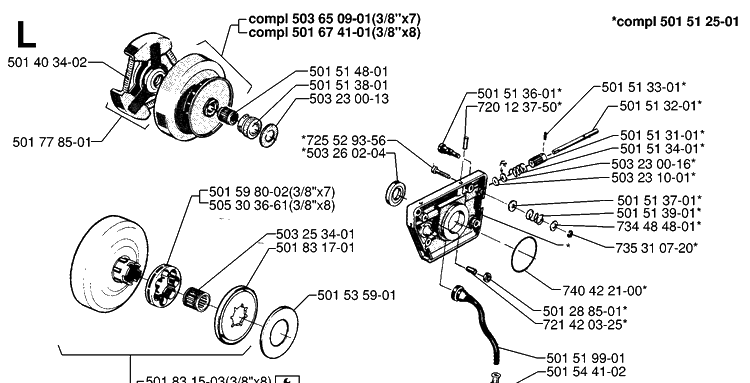 Clutch And Oil Pump Diagram and Parts List for 61 19970100001-19993100000 Husqvarna Chainsaw