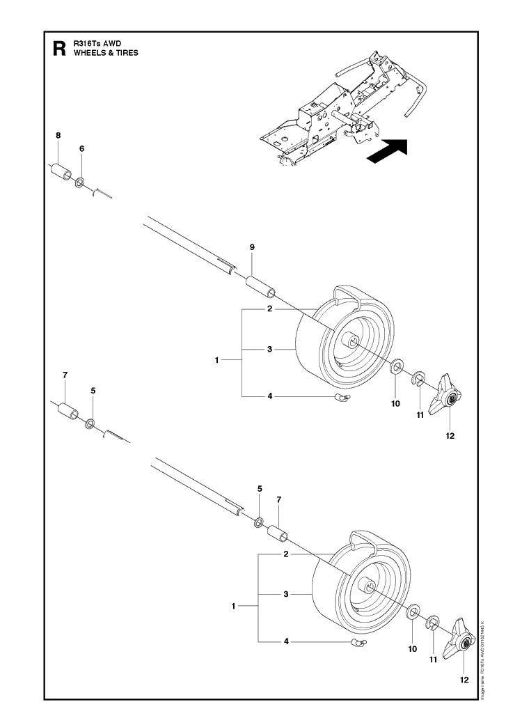 Wheels And Tires Diagram and Parts List for R316TSAWD (966757701)(2012) Husqvarna Lawn Mower