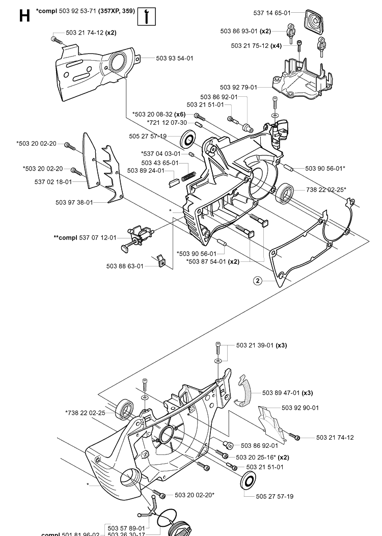 Crankcase Diagram and Parts List for 357XP 20041800001-20050600000 Husqvarna Chainsaw