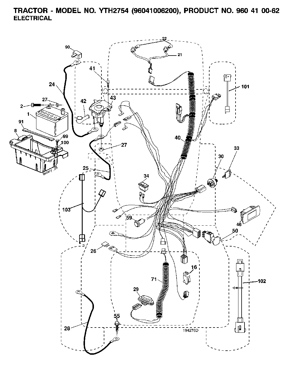 Electrical Diagram and Parts List for YTH2754TWIN (96041006200, 960410062)(2007-04) Husqvarna Lawn Tractor