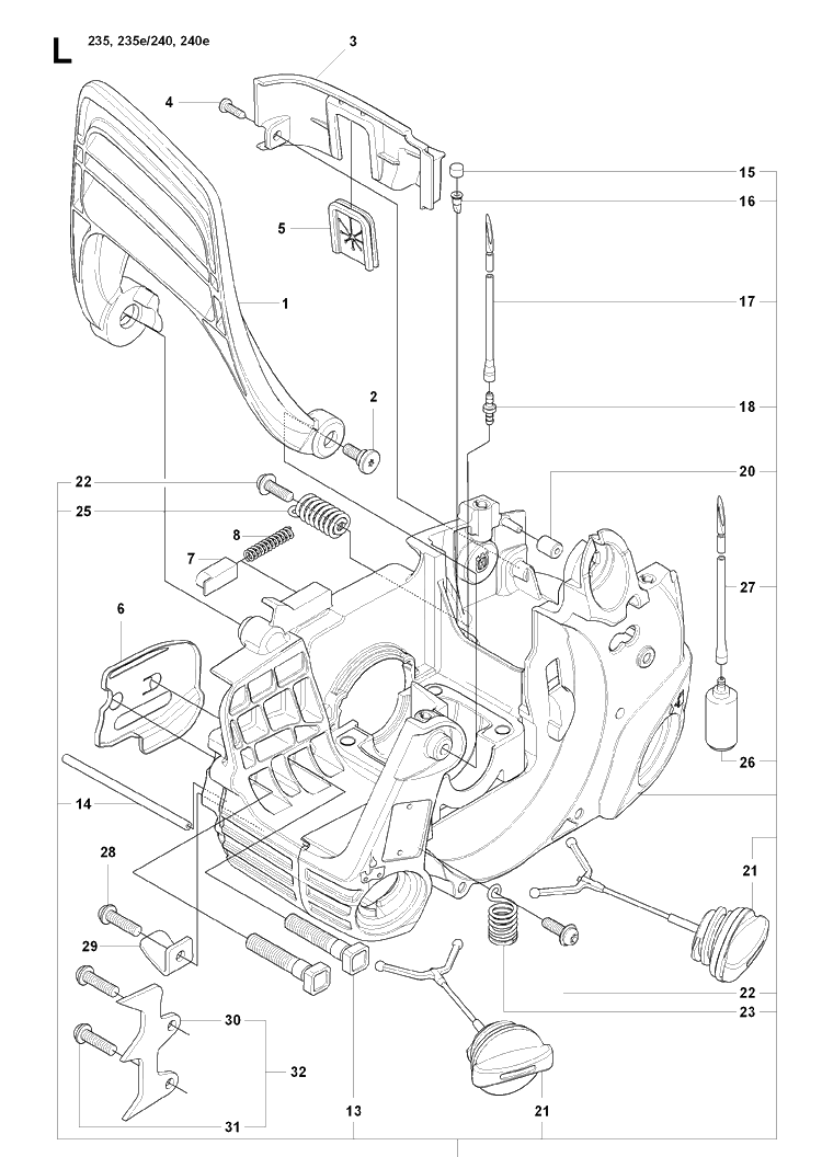 Crankcase Diagram and Parts List for 235 20080100001-20091400000 Husqvarna Chainsaw