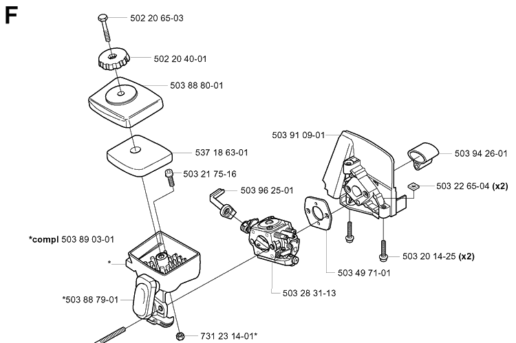 Carburetor And Air Filter Diagram and Parts List for 325HA850 20040100001-20050600000 Husqvarna Hedge Trimmer